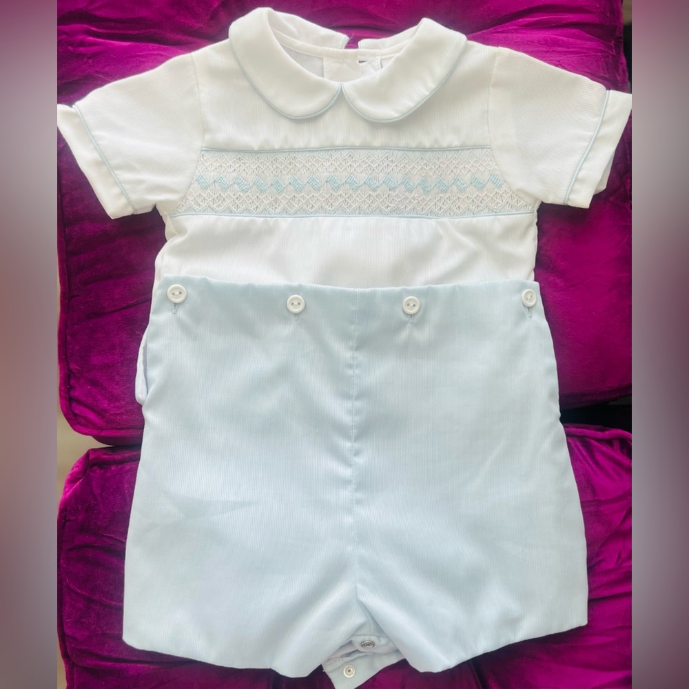 Petite Ami Smocked Light Blue button waste Short Sleeve Short Set